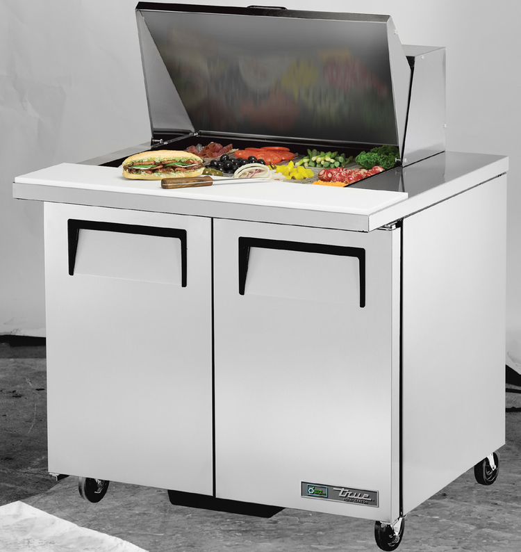 Product image #5 for True 36-Inch Mega Top 2-Door Sandwich/Salad Prep Table with 12-Pan Rail and Rear-Mounted Self-Contained Refrigeration