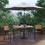 Thumbnail image #2 for Flash Furniture XU-DG-304860364-UB19BGY-GG Patio Dining Table Set, 48 x 30 in Rectangular Faux Teak Table, Gray Umbrella, 4 Stacking Chairs