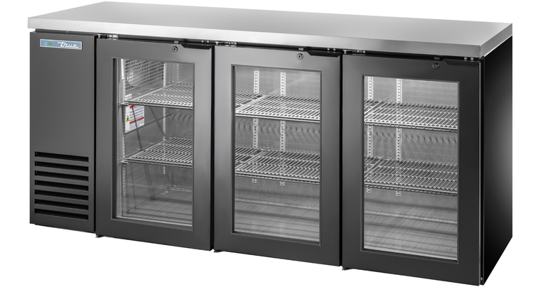Product image #5 for True Two-Section Three-Door Glass Back Bar Cooler, 72 1/8-Inch, Black Exterior, Self-Contained Side-Mounted