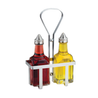 Thumbnail image #2 for TableCraft Products 600N Oil & Vinegar Dispenser Set, (2) 6 oz Glass Bottles, Stainless Steel Tops, Chrome-Plated Rack Case of 6