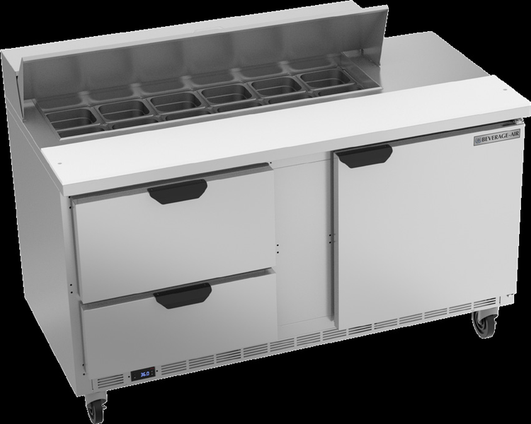 Product image #6 for Beverage Air Two-Section Sandwich Top Refrigerated Prep Table, 60-Inch, 1 Door, 2 Drawers, 12-Pan Capacity