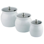 Thumbnail image #2 for Libbey APS Germany - Dressing APS 83310 White Porcelain Dressing Pot with Stainless Steel Lid, 67-3/4 oz., 7 in. Dia. x 6 in. H