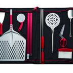 Thumbnail image #1 for AMPTO VAL2779/ TULIP Portable Pizzaiolo Pizza Tool Set with Black Bag, Perforated Square and Round Pizza Shovels, Cutter, Scissors, Spoon & Scraper