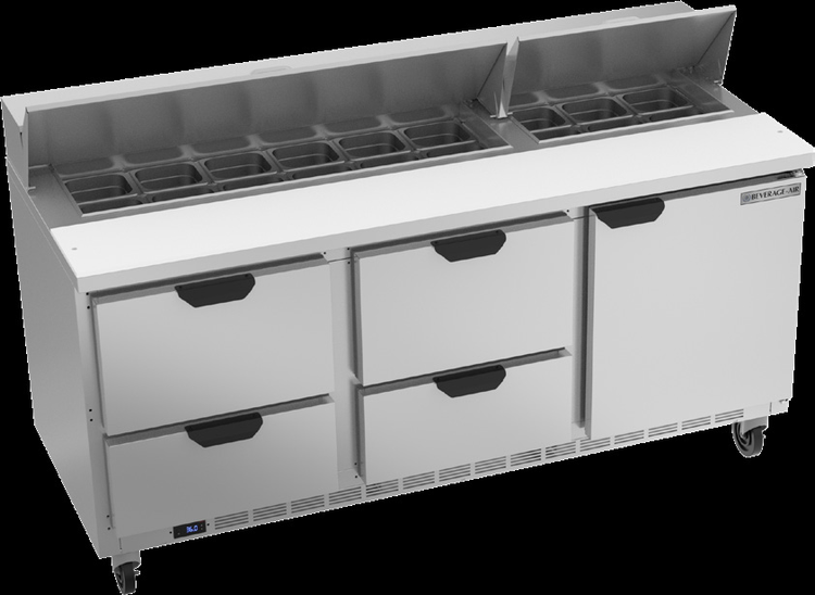 Product image #6 for Beverage-Air SPED72HC-18-4 Three-Section 72-Inch Sandwich Top Refrigerated Prep Table with 4 Drawers, 1 Door, and 18-Pan Rail