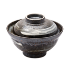 Thumbnail image #1 for Korin Inc DBR-149 Footed Rice Bowl with Lid, 12 oz, 6-1/4" Round, Metallic Black with Brown & White Brush Strokes