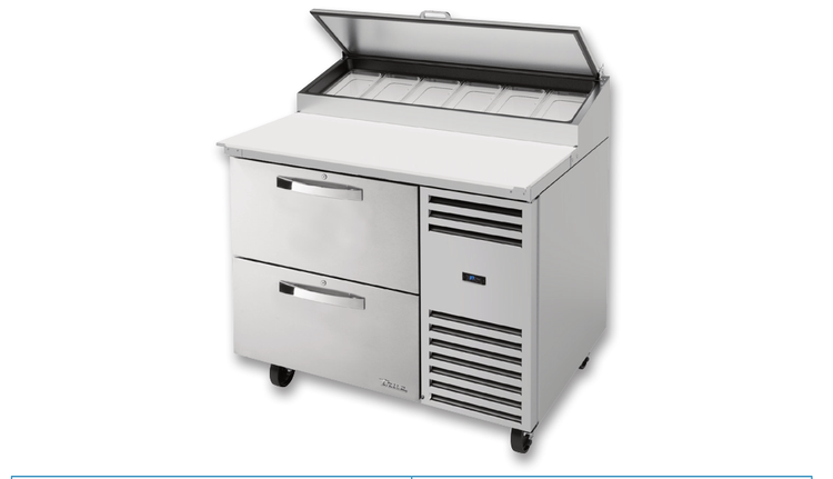 Product image #1 for True SPEC Series 44 3/4-Inch Self-Contained Rear-Mounted Pizza Prep Table with 2 Locking Drawers