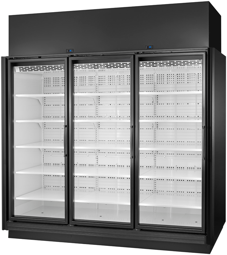 Product image #5 for True 3-Section Left-Hinge Glass Door Refrigerated Merchandiser, Self-Contained, Medium Temp, Black Exterior/White Interior