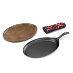 Thumbnail image #2 for New Star Foodservice Inc. 1028614 Cast Iron Platter Set, 10" x 7" Oval Pan with Wood Base and Potholder Case of 6
