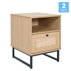 Thumbnail image #1 for Flash Furniture 2-EV-ST4043-ZZ-NAT-GG Natural Nightstands or End Tables with Rattan-Accented Drawers, Open Shelves and Metal Legs, Set of 2