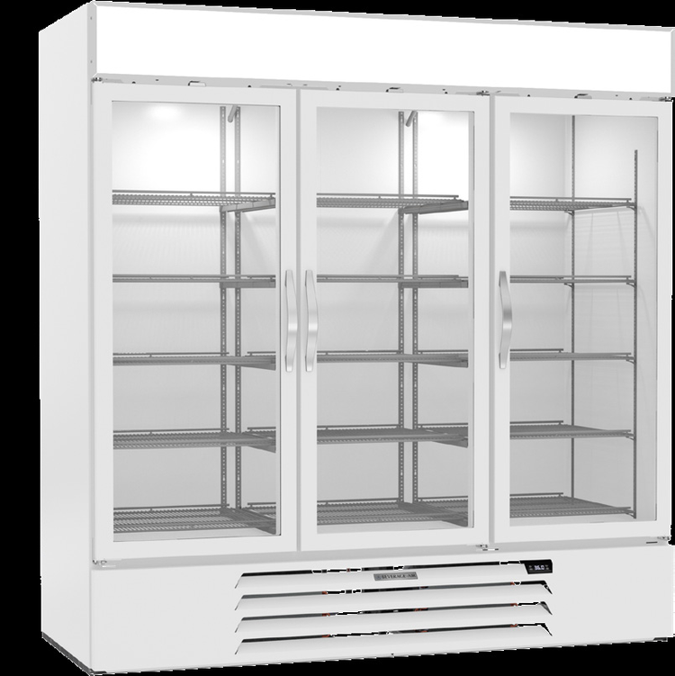 Product image #6 for Beverage Air MarketMax Three-Section Reach-In Glass Door Merchandiser Refrigerator, 70.19 Cu. Ft., White, Bottom Mount
