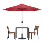 Thumbnail image #1 for Flash Furniture XU-DG-810060362-UB19BRD-GG 35" Square Patio Dining Table Set with Synthetic Teak Top, Red Umbrella, Base and 2 Chairs