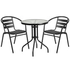Thumbnail image #1 for Flash Furniture TLH-071RD-017CBK2-GG Round Table & 2 Stacking Cafe Armchairs, 23-3/4" Dia. x 28"H, Glass Top, Black