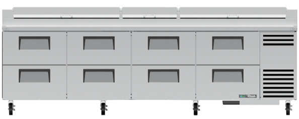 Product image #6 for True 119-Inch 4-Section Pizza Prep Table with 8 Drawers, White Poly Cutting Board, and Self-Contained Refrigeration