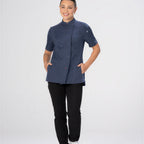 Thumbnail image #1 for Chef Works CBN02W-AFB-XL Women's Blue Short Sleeve Chef Coat, XL, Poly/Cotton