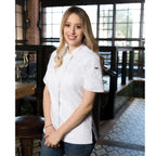 Thumbnail image #1 for Chef Works Roxby CES02W-WHT-2XL Women's Short-Sleeve Chef Coat, White, 2XL, 65/35 Poly/Cotton Twill, Concealed Snap Closure