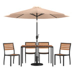 Thumbnail image #1 for Flash Furniture XU-DG-304860364-UB19BTN-GG Patio Dining Set, 48 x 30 in Rectangular Synthetic Teak Table, 4 Faux Teak Chairs, Tan Umbrella