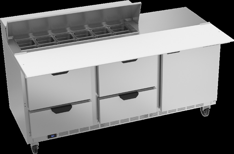 Product image #6 for Beverage-Air 72-Inch Three-Section Sandwich Top Refrigerated Prep Table with 12 1/6-Size Pan Opening, 4 Drawers, and 1 Door