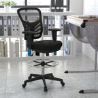 Thumbnail image #2 for Flash Furniture HL-0001-1CBLACK-GG Adjustable Mid-Back Drafting Chair, Black Mesh Back, Upholstered Seat, Padded Arms, Casters