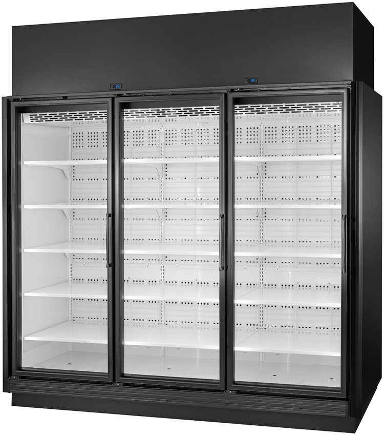 Product image #5 for True TRM3M 3-Section Medium Temperature Glass Door Refrigerated Merchandiser, Black Exterior/White Interior, Self-Contained