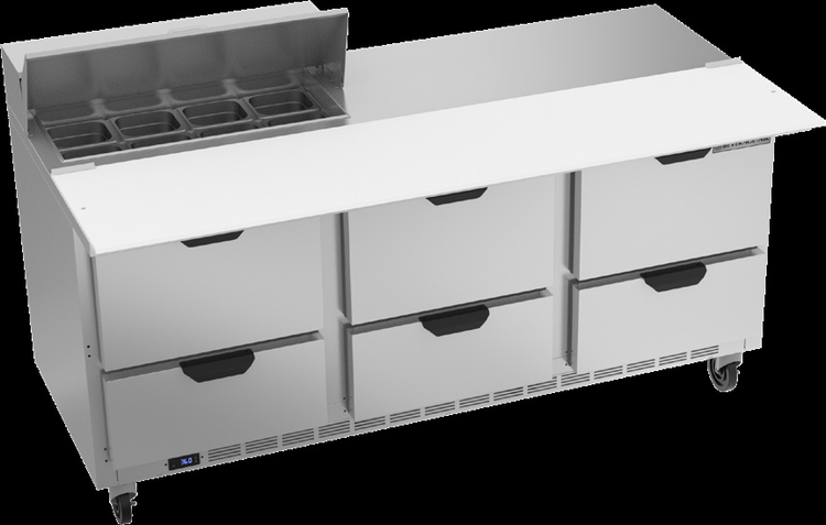 Product image #6 for Beverage-Air 72-Inch Three-Section Sandwich Prep Table Refrigerated Counter with 6 Drawers, 8-Pan Cut Top, and 17-Inch Cutting Board