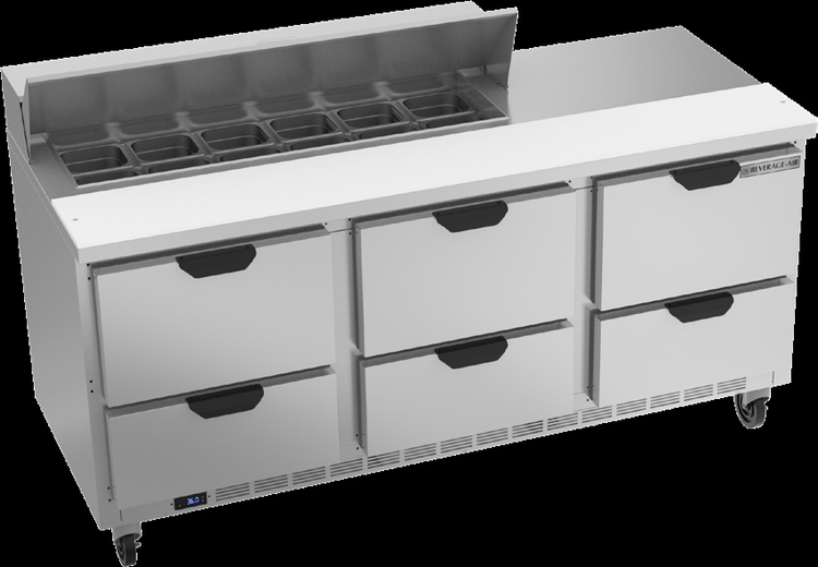 Product image #6 for Beverage-Air Three-Section Sandwich Top Refrigerated Prep Table with 6 Drawers, 72-Inch, 12-Pan Capacity