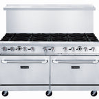 Thumbnail image #1 for Dukers Appliance Co., USA Ltd. DCR60-10B 60 in Commercial Gas Range with 10 Open Burners, 2 Standard Ovens, Stainless Steel Exterior