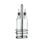 Thumbnail image #1 for TableCraft Products Prima H916NBK Popcorn Oil Bottle Set, 2 17 oz Square Green Glass Bottles with Pourers and Black Rack Case of 6