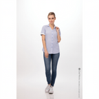 Thumbnail image #1 for Chef Works Charleston SHC07W-BLU-S Women's Blue Poly/Cotton Short-Sleeve Chef Shirt, Small, Button Front, V-Neck