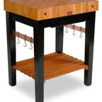 Thumbnail image #4 for John Boos Rouge et Noir RN-PPB3024 30"W x 24"D x 36"H Stationary Cherry End-Grain Butcher Block Work Table, 4" Top, Shelf and 6 Hooks