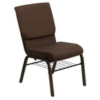 Thumbnail image #1 for Flash Furniture Hercules XU-CH-60096-BN-BAS-GG Stacking Church Chair, Brown Polyester Upholstery, Book Pouch, Steel Book Rack