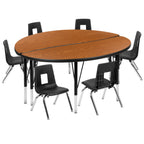Thumbnail image #1 for Flash Furniture Emmy XU-GRP-14CH-A48-HCIRC-OAK-T-P-GG Round Activity Table and 6 Stack Chairs, 48 in, Adjustable Height, Oak/Black