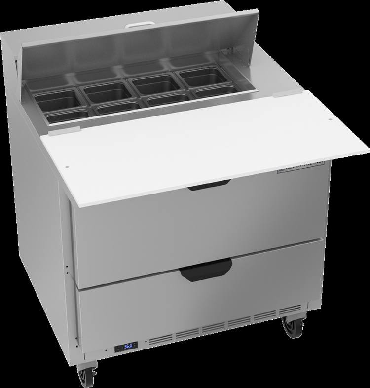 Product image #6 for Beverage Air SPED36HC-08C-2 One-Section Stainless Steel Sandwich Prep Table with Drawers, 36" Wide, 8-Pan Cut Top, 17" Cutting Board