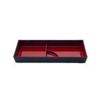 Thumbnail image #1 for Korin Inc Nagate NR-W2-2815 Rectangular 3-Compartment Plastic Bento Box, 14-1/4"L x 5"W x 2-1/4"H, Black Exterior with Red Interior