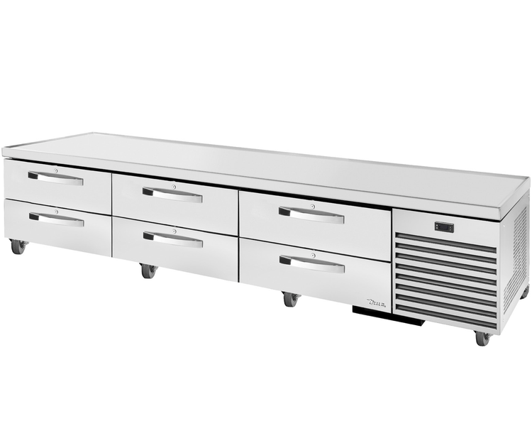 Product image #4 for True 110-Inch Refrigerated Chef Base with 6 Locking Drawers and Stainless Steel V-Edge Top