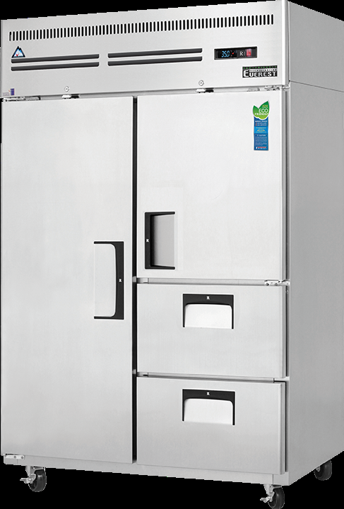 Product image #5 for Everest Refrigeration Two-Section Reach-In Refrigerator with Solid Door, Half-Door, and Drawers, 48 Cu. Ft., Top-Mounted Self-Contained