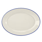 Thumbnail image #1 for Steelite International HL Ivory HL15763929 Rolled Edge Oval China Platter, 13.375" x 9.25" x 1.5", Blue Line 1 Dozen