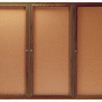 Thumbnail image #1 for AARCO Products WBC4872-3R Enclosed Wood Bulletin Board, 72"W x 48"H, 3 Swing Doors, Pebble Grain Cork Back, Walnut Finish