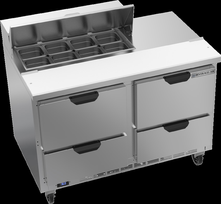 Product image #6 for Beverage-Air SPED48HC-08-4 48-Inch Two-Section Sandwich Prep Table with 4 Drawers and 8-Pan Top
