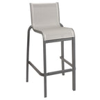 Thumbnail image #1 for Grosfillex Sunset US300288 Outdoor Armless Stacking Barstool, Textilene Sling, Aluminum Frame, Gray, with Footrest Case of 8