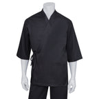 Thumbnail image #1 for Chef Works SUBK-BLK-2XS Unisex Sushi Coat, 3/4 Sleeve Kimono-Style Crossover, Black, 65/35 Poly/Cotton Twill, XXS/XS
