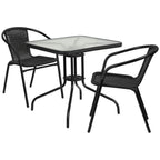 Thumbnail image #1 for Flash Furniture TLH-073SQ-037BK2-GG Square Glass-Top Table and 2 Black Rattan Stacking Armchairs Set
