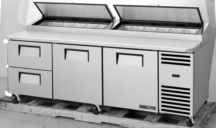 Product image #5 for True 93.5-Inch 2-Section Pizza Prep Table with 2 Drawers, 2 Doors, and White Poly Cutting Board
