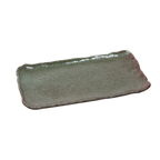 Thumbnail image #1 for Korin Inc Oribe PLL-200107 Rectangular China Plate, 13-3/4"L x 7-1/2"W x 1"H, Mottled Moss Green Glaze, Unfinished Edges