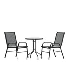 Thumbnail image #1 for Flash Furniture TLH-0701303C-GG 3-Piece Outdoor Patio Dining Set with 23.75-Inch Round Tempered Glass Table and 2 Black Flex Comfort Stack Chairs