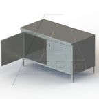 Thumbnail image #1 for AERO Manufacturing 4TSOHD-30144 Enclosed Work Table with Cabinet Base and Hinged Doors, 16-Gauge Stainless Steel Top, 144"W x 30"D x 35"H