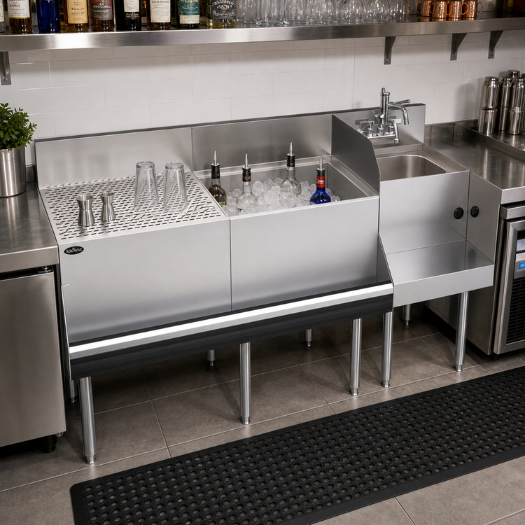 Product image #3 for Krowne Royal Series 66-Inch Underbar Ice Bin/Cocktail Station with Blender Station, Drainboard and 10-Circuit Cold Plate