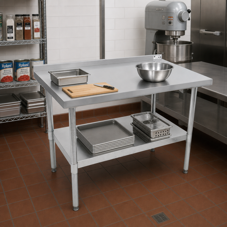 Product image #2 for John Boos Stallion 72-Inch x 18-Inch Economy Stainless Steel Top Work Table with Rear Riser and Undershelf