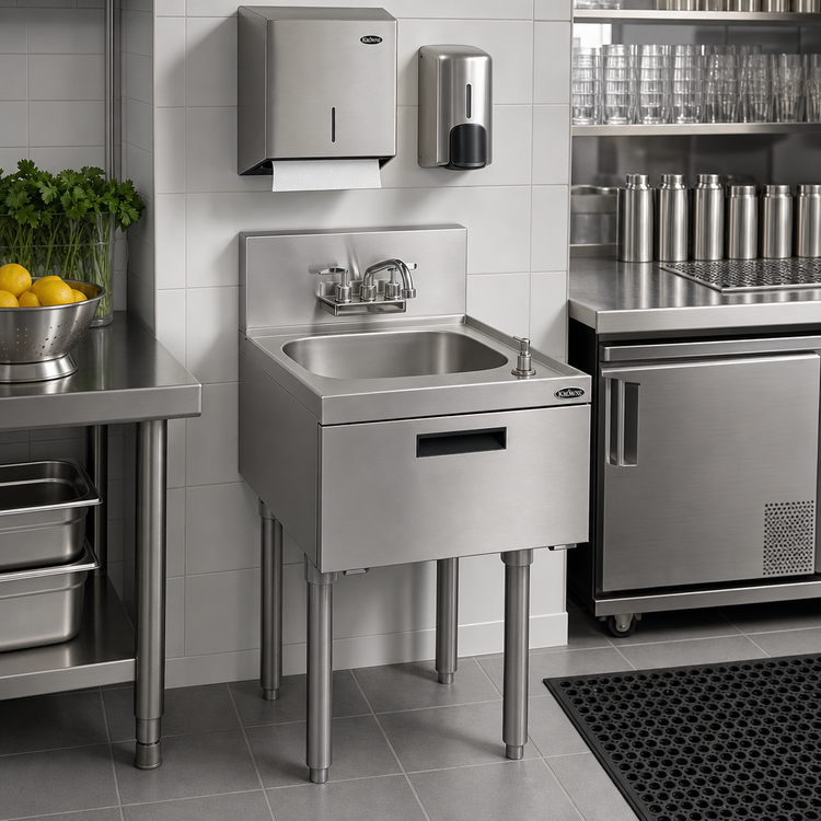 Product image #2 for Krowne Royal Series Freestanding Underbar Hand Sink Unit with Soap & Towel Dispenser, 18" x 19", 14" x 10" Bowl