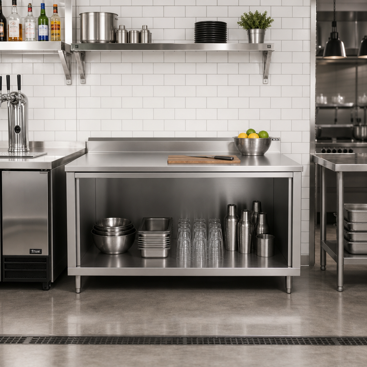 Product image #2 for Stainless Steel Underbar Work Table with Open Front Cabinet Base, 60 x 24 Inches, 5 Inch Backsplash
