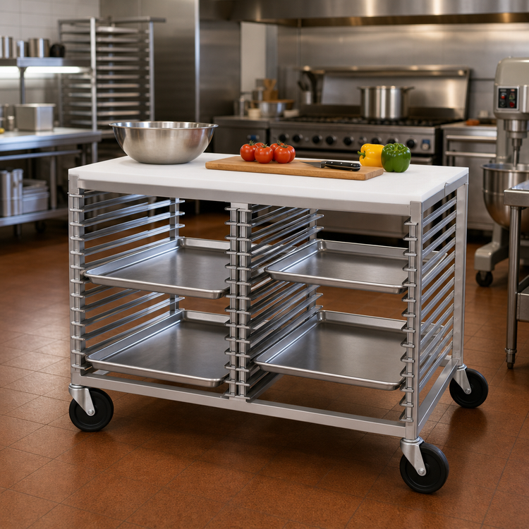 Product image #2 for 42 Inch x 25 Inch Double Section Aluminum Bun Pan Rack Work Table with Poly Top